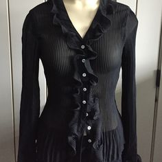 Sheer black button down top NWOT- sheer black button down top. Ruffles neckline and cuffs . Forever 21 Tops Blouses Fitted Tops With Button Cuffs For Night Out, Fitted Black Top With Button Cuffs, Fitted Black Tops With Covered Buttons, Forever 21 Fitted Tops With Button Closure, Fitted Black Blouse With Button Cuffs, Fitted Forever 21 Tops With Button Closure, Chic Fitted Blouse From Forever 21, Fitted Black Blouse By Forever 21, Fitted Black Blouse With Buttons