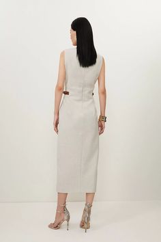 Melange Tailored Pu Tab Detail Midi Dress | Karen Millen Classic Tailored Midi Dress, Chic Structured Midi Dress With Boning, Workwear Midi Dress With Side Slits, Timeless Fitted Midi Dress For Work, Luxury Belted Midi Dress, Elegant Midi Dress With Structured Boning For Work, Luxury Formal Belted Midi Dress, Elegant Midi Dress With Side Slits For Work, Workwear Midi Dress With Structured Boning