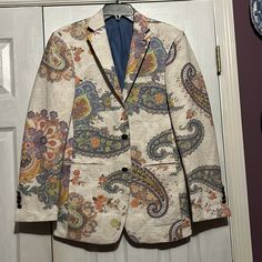 Tallia Mens Colorful Paisley Suit Jacket Has Gold Weaving Throughout! Absolutely Sure To Turn Heads! Worn Once At A Wedding. Purchased From Macy’s Herald Square In Nyc. Size 36r Like New Condition! Paisley Suit, Sport Coat, Mens Suits, Blazer Suit, A Wedding, Suit Jacket, Paisley, Weaving, Like New