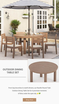 the outdoor dining table set is shown with an umbrella and chairs in front of it