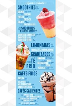 the menu for an ice cream shop with different types of desserts and drinks on it