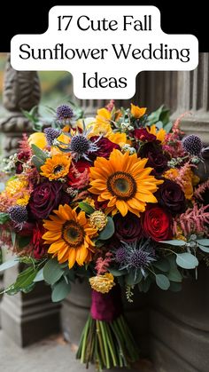 A vibrant fall wedding bouquet featuring bright sunflowers mixed with autumn-colored flowers and greenery. Wedding Colors Fall Sunflowers, Wedding Flower Arrangements Fall Sunflower, November Wild Flowers, Sunflower Wedding Bouquet Rustic Fall, Burgundy And Mustard Wedding, October Sunflower Wedding, Bright Fall Wedding Bouquet, Simple Fall Bouquet Wedding, Sunflower Bouquet Ideas