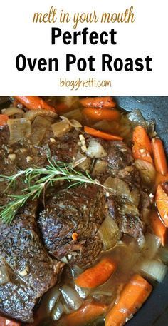 a pot roast with carrots and onions in it