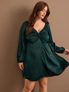 This satin mini dress features long sleeves and a twist bust detail, exuding elegance. The tie back adds a playful and adjustable touch. See more in our Party Collection. Long Sleeve Green Dress, Sleeve Green Dress, Christmas Party Dresses, Green Long Sleeve Dress, Plus Size Fall Outfit, Christmas Party Dress, Satin Mini Dress, Dress Romper, Flower Dresses