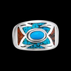 925 sterling silver southwestern style ring with an arrow design on the band and an oval-shaped resin center. This ring measures approximately 7/16 inch tall by 11/16 inch wide. The band is inlaid with a turquoise resin center stone surrounded by red coral in the outer arrow pattern and turquoise above and below the center stone. This ring is a size 7. Southwestern Multi-stone Oval Turquoise Ring, Southwestern Oval Turquoise Multi-stone Ring, Southwestern Oval Jewelry With Polished Finish, Southwestern Style Oval Jewelry With Polished Finish, Blue Western Style Jewelry With Inlay, Western Style Oval Turquoise Inlay Ring, Western Oval Turquoise Ring With Inlay, Western Style Oval Turquoise Ring With Inlay, Western Style Blue Turquoise Ring With Inlay