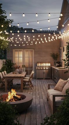 an outdoor kitchen and dining area with lights strung from the ceiling over the fire pit