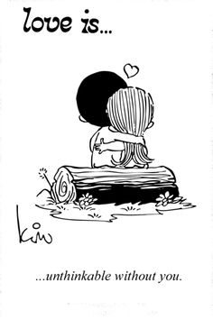 a black and white drawing of a girl hugging a boy with the words love is