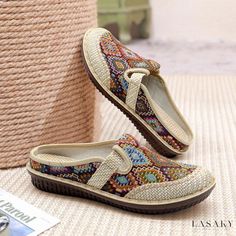 Lasaky - Breathable Embroidered Fisherman Slippers with Soft Sole, Suitable for Outdoor Wear Embroidered Flats, Summer Heels, Flat Slipper, Summer Flats, Linen Casual, Pu Heels, Casual Slippers, Linnet, Round Toe Heels