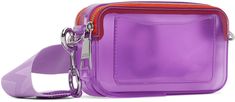 Transparent PVC shoulder bag in purple. · Adjustable and detachable logo-woven crossbody strap · Logo embossed at top · Logo hardware at face · Patch pocket at back face · Twin zip closures · Patch pocket at two-compartment interior · Logo-engraved silver-tone hardware · H4 x W7 x D2.25 Supplier color: Wisteria Modern Purple Bag With Detachable Strap, Purple Rectangular Bag With Clear Strap, Modern Purple Shoulder Bag With Adjustable Strap, Snapshot Bag, Marc Jacobs Logo, Interior Logo, Embossed Bag, Face Patches, Silver Engraving