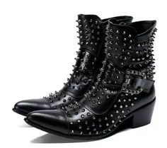 Men Punk Leather Cowboy Ankle Boots Rubber Metal Pointed Toe Buckle Rivets Shoes | eBay Rock Style Boots With Rivets For Fall, Rocker Boots With Studs For Alternative Fashion, Punk Moto Boots With Studs For Concerts, Punk Style Studded Moto Boots For Concerts, Punk Boots With Spikes For Concert, Punk Boots With Studs For Alternative Fashion, Punk Style Moto Boots With Rivets, Rocker Boots With Spikes For Fall, Punk Moto Boots With Rivets For Fall