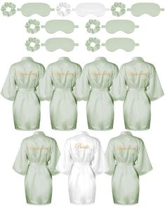 the bridesmaid's robes and mask are all in mint green with gold lettering