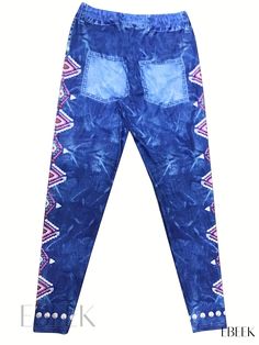 Ebeek - Womens High-Waisted Long-Length Aztec Print Leggings - Fashionable and Comfortable Casual Attire Non-stretch Casual Leggings With Pockets, Trendy Stretch Leggings With Pockets, Casual Blue Leggings With Pockets, Casual Blue Leggings With Elastic Waistband, Casual Stretch Jeans For Festival, Aztec Print Leggings, Pocket Pattern, Print Leggings, Aztec Print