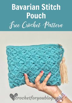 a crocheted bag with text that reads, free crochet pattern bavarian stitch pouch