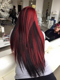 Red Chunky Highlights On Black Hair, Red Hair Black Lowlights, Black And Red Striped Hair, Hair Color Ideas For Brunettes Edgy, Red Hair With Black Underneath, Red Underdye Hair, Red And Black Hair Color, Red And Black Hair Ideas, Black And Red Hair