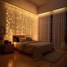 a bedroom with lights on the wall and a bed