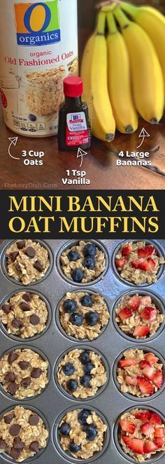 an image of mini banana oat muffins in the pan with ingredients to make them