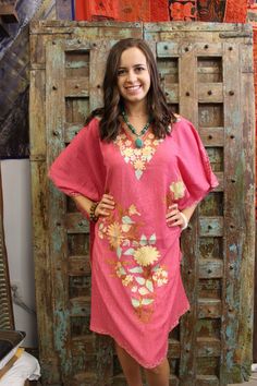 This Women's Short Caftan Dress is perfect for summer days. Featuring an eye-catching Yellow Embroidered design, it is made with light-weight fabric that offers comfortable breathability and is available in One Size fits L-3XL. Ideal for multiple occasions, this Kimono Dress is a must-have for your wardrobe. This Short Caftan Dress offers a stylish and comfortable way to relax in. The lightweight cotton blend fabric and relaxed fit provide a flattering and versatile silhouette, perfect for weari Floral Embroidered V-neck Dress For Beach, Summer V-neck Tunic With Chikankari Embroidery, Summer V-neck Kaftan With Floral Embroidery, V-neck Chikankari Embroidery Dress For Vacation, Spring Pink Embroidered Kaftan, Long Embroidered Summer Dress, Spring Embroidered Pink Kaftan, Floral Embroidered V-neck Festival Dress, Beach Dress With Floral Embroidery