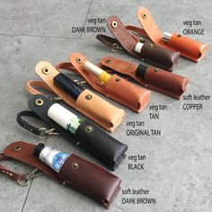 four different types of leather knife sheaths with labels on the side and labeled in description