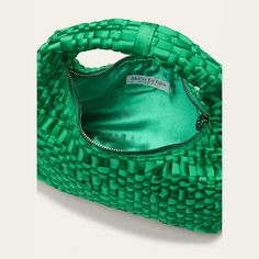 Maria La Rosa "Rebirth" top handle bag in woven ribbon polyester  Top handle  Zip top closure  Lining: Viscose Approx. 8"H x 10"W x 4"D Made in Italy Green Evening Bag With Braided Handles, Party Bag With Braided Handles And Top Handle, Party Bag With Braided Top Handles, Party Bags With Braided Handles And Top Handle, Party Bags With Braided Top Handles, Modern Woven Evening Bag, Ribbon Bag, Woven Ribbon, Polyester Top