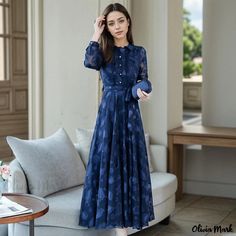 Olivia Mark - Elegant Long-Sleeved Embroidered Chiffon Dress with a Slim Fit, Stylish Collar, Tie Belt, and Flowing Hem Flare Long Dress, Long Sleeve Chiffon Dress, Long Sleeve Evening Gowns, A Line Maxi Dress, Floral Chiffon Dress, Chiffon Midi Dress, Long Sleeve Gown, Extra Long Sleeves, Midi Dress Casual