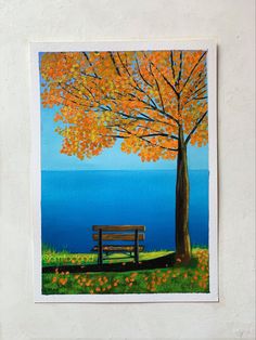 a painting of a bench in front of a tree with orange leaves and the ocean behind it