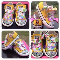 Candyland/Candy Shoppe Converse  Candyland by PurseSueYourDream Bedazzled Converse, Custom Kids Clothes, Bedazzled Shoes Diy, Pageant Shoes, Converse Hi, Diy Sneakers, Candyland Birthday, Baby Bling, Custom Design Shoes