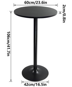 the height of a round table with a black metal base and measurements for each side