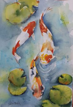 watercolor painting of two koi fish and lily pads