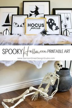 halloween printable art is displayed on a shelf with a skeleton in the foreground