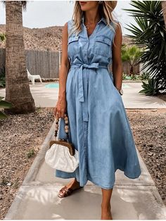 Women's Denim Shirt Dress Midi Dress Light Blue Sleeveless Solid Color Lace up Pocket Button Spring Summer Shirt Collar Hot Casual 2021 S M L XL Denim Shirt Dress Women, Simple Spring Outfits, Single Dress, Sleeveless Denim Dress, Moda Denim, Denim Outfits, Womens Denim Dress, Denim Midi Dress, Pencil Skirt Dress