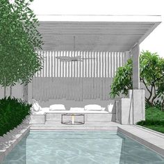 an outdoor living area with a pool and trees