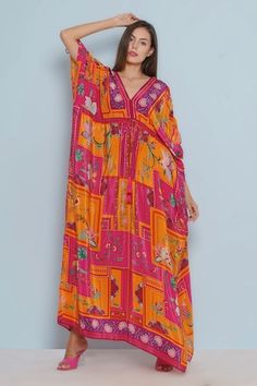 Pink kaftan with multi colored floral chintz patterns all-over. - Aza Fashions Pink Kaftan, Kaftan Women, Chintz Pattern, Floral Chintz, Kaftan For Women, Bat Wings, Aza Fashion, Multi Colored, V Neck