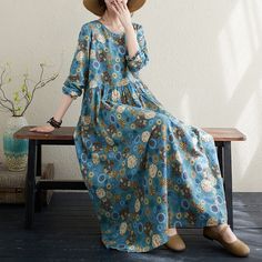 Women's Vintage Floral Dress A Line Crew Neck Cotton Linen Holiday Vacation Ethnic Dress Folk Style Long Sleeve Floral Print Dress, Folk Style Long-sleeved Floral Print Dress, Casual Patterned Relaxed Fit Dresses, Casual Free Size Fall Dresses, Casual Free Size Dresses For Fall, Casual Relaxed Fit Patterned Dresses, Spring Folk Style Dress With Boho Print, Bohemian Maxi Dress With Floral Print In Relaxed Fit, Spring Folk Dress With Boho Print