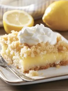 a slice of lemon crumb pie on a plate