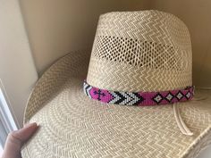 "5/8\" wide All bead work is beaded with 10lb extreme braided nylon line. All hat bands are finished at 23\" with glued than sewed down leather ends and an adjustable leather tie." Adjustable Handwoven Straw Hat For Rodeo, Traditional Adjustable Handwoven Hat Bands, Custom Adjustable Summer Hat Bands, Country Style Woven Hat Band For Rodeo, Adjustable Artisan Hat Bands For Ranch, Adjustable Handwoven Hat Bands For Rodeo, Western Handwoven Hat Bands For Rodeo, Western Style Adjustable Handwoven Hat Band, Adjustable Braided Hat Bands For Rodeo