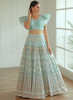 Amrin Sky Blue Georgette Lehenga Set Studio Iris - Fabilicious Fashion Blue Georgette Lehenga, Studio Iris, Georgette Lehenga, Indian Dresses Traditional, Embroidered Lehenga, Party Wear Indian Dresses, Lehenga Designs, Indian Designer Outfits, Indian Fashion Dresses