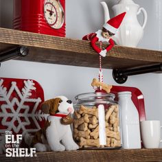 an elf is sitting on top of the shelves with his dog and cat food in front of him