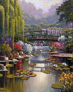 a painting of a bridge over a pond with lily pads and flowers in the foreground