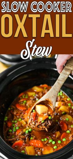 slow cooker oxtail stew in a crock pot with a wooden ladle