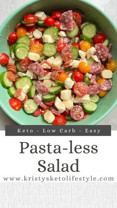 a green bowl filled with lots of different types of vegetables and the words keto - low carb easy pasta