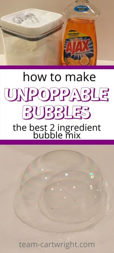 Text: How To Make Unpoppable Bubbles the best 2 ingredient bubble mix
Top Picture: Cannister of sugar and orange dish soap
Bottom Picture: a bubble inside another bubble No Pop Bubbles Recipe, Glycerin Bubble Recipe, Magic Unpoppable Bubbles, Super Bubbles Recipe Homemade, Fun Pre K Crafts, Bubble Solution Recipe Diy, Diy At Home Games For Kids, Stream Activities For Kindergarten, Magic Bubbles Recipe