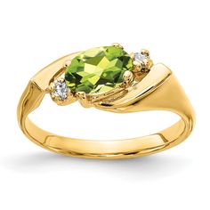 Attributes: Casted Attributes: Polished Attributes: 14k Yellow gold Attributes: Genuine Attributes: Diamond Attributes: Peridot Attributes: Avail. in 10k yellow gold Attributes: Avail. in 18k yellow gold Attributes: Avail. in 14k white gold Attributes: Avail. in platinum Attributes: Prong set Attributes: Avail. in 18k white gold Attributes: A quality Attributes: Oval Metal: 14k Yellow Gold Average Weight: 3.57 GM Gem Weight: 0.85 Diamond Weight: 0.056 CT Item Size: 6.00 Product Type: Jewelry Jew Real Diamond Ring, Peridot Birthstone, Real Diamond Rings, August Birthstone Jewelry, Peridot Stone, Yellow Gold Jewelry, Engagement Ring Sizes, Vs Diamond, Peridot Ring