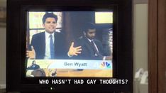 a television screen with the caption, who hasn't had gay thoughts?