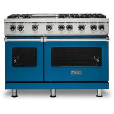 a blue stove top oven with two burners on each side and one door open