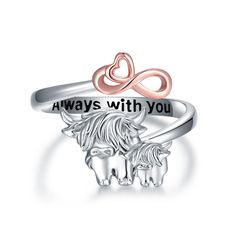 PRICES MAY VARY. Design: This ring is inspired by a highland cow. Highland cows are powerful symbols of Fertility、Nurturing、Understanding、Commitment and Gentleness. Mother-child highland cow ring: The highland cow mother-child ring is engraved meaningful message "Always with you". The heart infinity symbol represents the love between mother and child is eternal. Ideal gift for your loved one. Perfect Jewelry Gift: Perfect gift for wife, daughters, sister, friends, granddaughter, or mother on valentine's day, mother's day, anniversary, birthday, or Christmas. Material: The highland cow ring is made of 925 sterling silver. Does not contain any allergic element, and is lead-free, nickel-free, cadmium-free, and hypoallergenic. Size: The size of the highland cow ring is size US 8#, The size can Personalized Sterling Silver Rings For Mother's Day, Meaningful Silver Rings For Valentine's Day, White Gold Rings For Valentine's Day Birthday, White Gold Rings For Birthday And Valentine's Day, Personalized Novelty Jewelry For Mother's Day, Silver Rings For Mother's Day Birthday Gift, Silver Rings For Valentine's Day Birthday Gift, Silver Rings For Birthday And Valentine's Day, Personalized Rings For Birthday And Valentine's Day