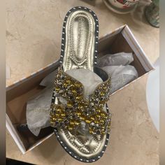 Brand New Women’s Gold And Silver Sandals Size - 8 Trendy Open Toe Sandals With Bling, Trendy Bling Open Toe Sandals, Silver Open Toe Sandals For Vacation, Vacation Silver Open Toe Sandals, Silver Flat Sandals For Vacation, Summer Silver Sandals With Rhinestones, Silver Sandals With Rhinestones For Summer, Trendy Silver Open Toe Sandals, Silver Rhinestone Sandals For Summer