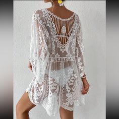 White Embroidered Mesh Sheer Cover Up Dress - Absolutely Gorgeous End Of Summer Sale This Is A Beautiful Lace Cover For The Beach, Looks Romantic And Oh So Elegant. Product Measurements Bust: 41.7 Inches Shoulder: 18.9 Inches Sleeve Length: 13 Inches Length: 31.5 Inches Cuff: 29.9 Inches 65% Polyamide & 35% Polyester *Please Note: These Items Are Brand New - I Buy In Bulk And There Are No Tags 2-3 Day Priority Mail Shipping Usps White Lace Cover-up For Spring, White Sheer V-neck Cover-up, Summer Lace Long Sleeve Cover-up, Summer Long Sleeve Lace Cover-up, Long Sleeve Lace Summer Cover-up, Embroidered Long Sleeve Cover-up For Vacation, White Lace Cover-up For Vacation, Elegant White Cover-up For Festival, White Spring Party Cover-up