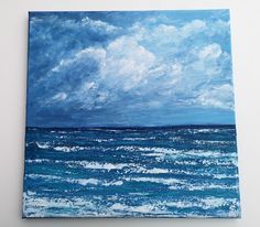 an oil painting of the ocean with blue sky and clouds