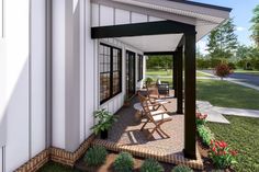 an artist's rendering of a patio with chairs and tables on the side of a house