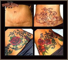 four different pictures of the same woman's body with tattoos on their stomachs